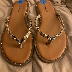 Tahari Patsi Snakeskin Gold Studded Cushioned Sandals